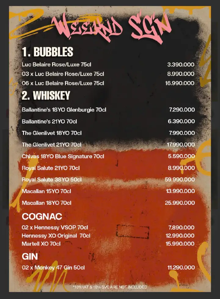 Menu Bàn Sofa Weeknd Sài Gòn — Bubbles, Whiskey, Cognac, Gin