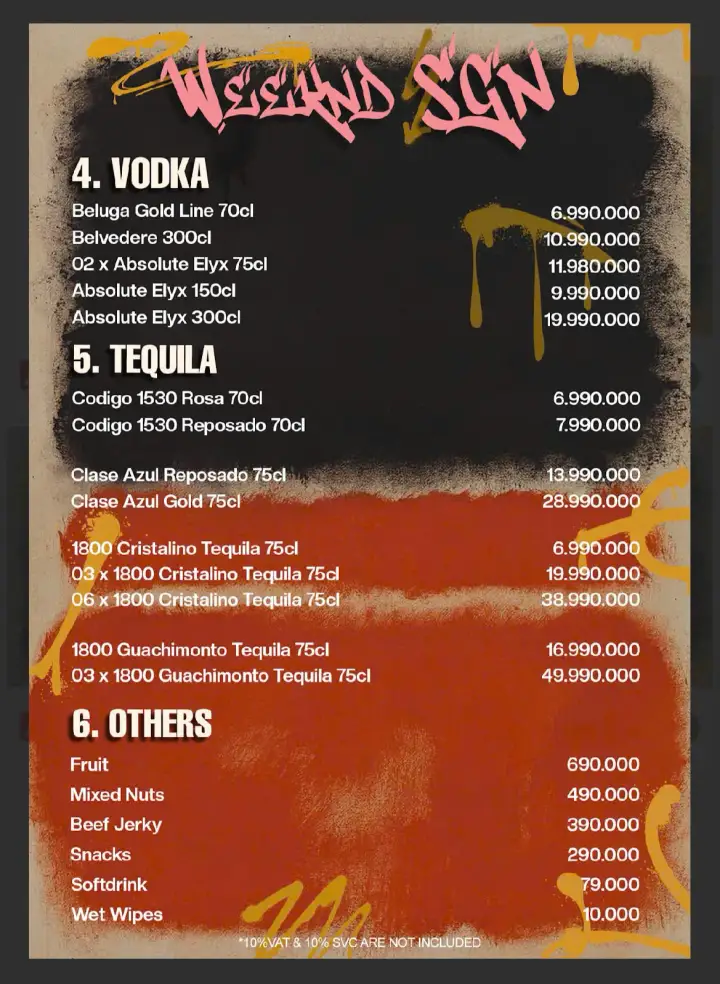 Menu Bàn Sofa Weeknd Sài Gòn — Vodka, Tequila và món ăn kèm