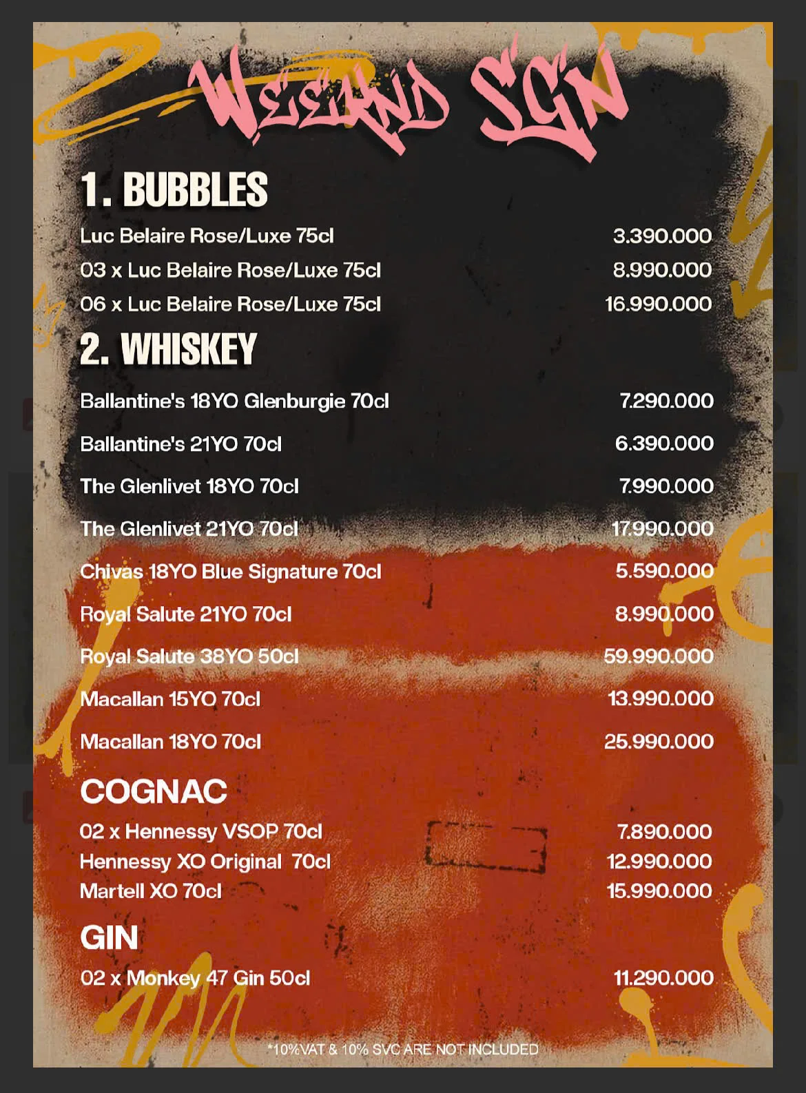 Menu Bàn Sofa Weeknd Sài Gòn — Bubbles, Whiskey, Cognac, Gin