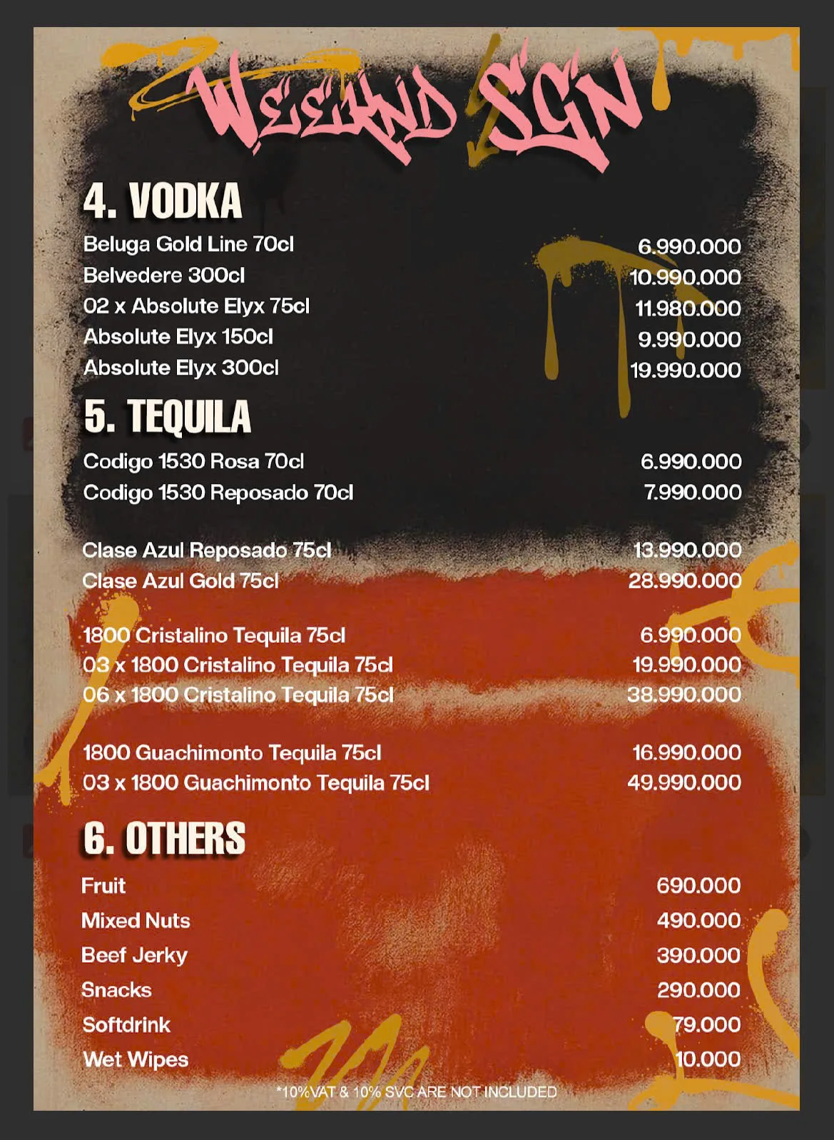 Menu Bàn Sofa Weeknd Sài Gòn — Vodka, Tequila và món ăn kèm