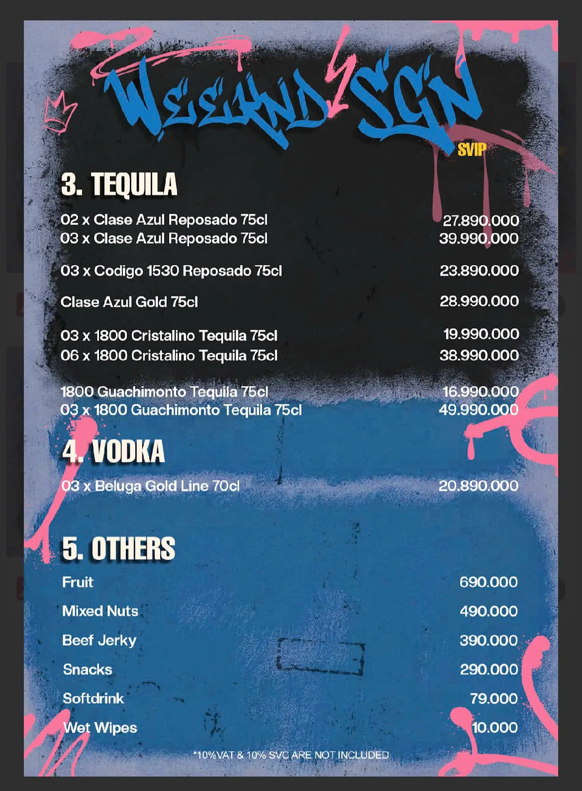 Menu Bàn Super VIP Weeknd Sài Gòn — Tequila, Vodka và món ăn kèm